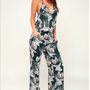 Jumpsuit | Forest Green Tropical Print Wide-Leg